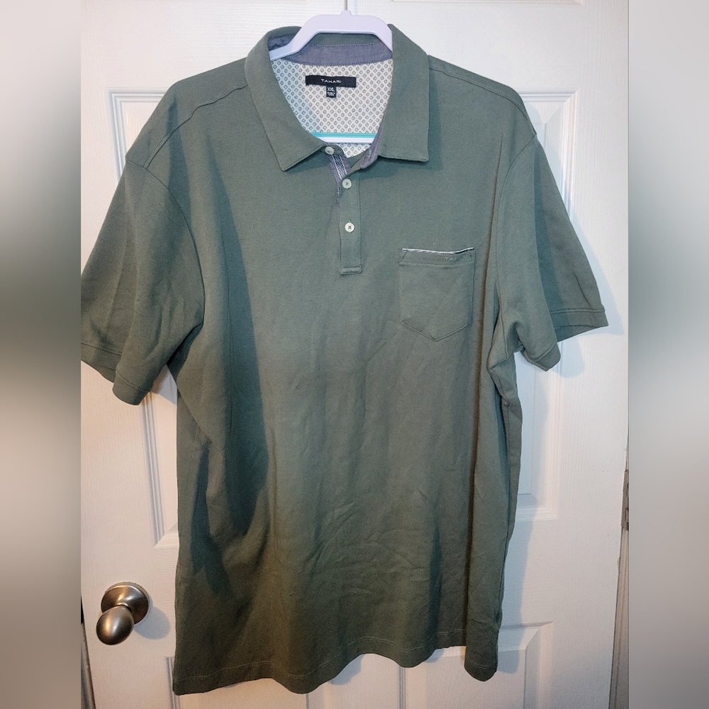 Tahari Shirt Mens XXL Green Polo Short Sleeve Collar Cotton Casual Pocket